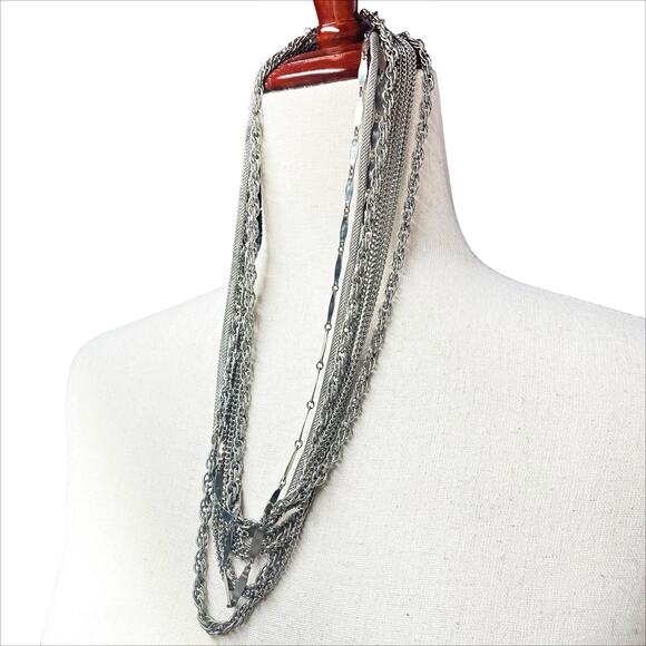 Multi-Strand Layered Chain Silver-Tone Necklace 23" Heavy Chunky - Picture 4 of 7